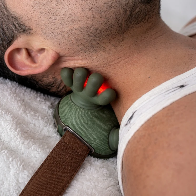 Nodos de silicona amasando el cuello con luz infrarroja encendida